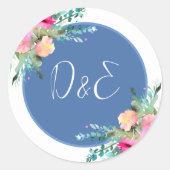 Blauw Bloemen Roze Rosebud Bruiloft Gepersonalisee Ronde Sticker (Voorkant)