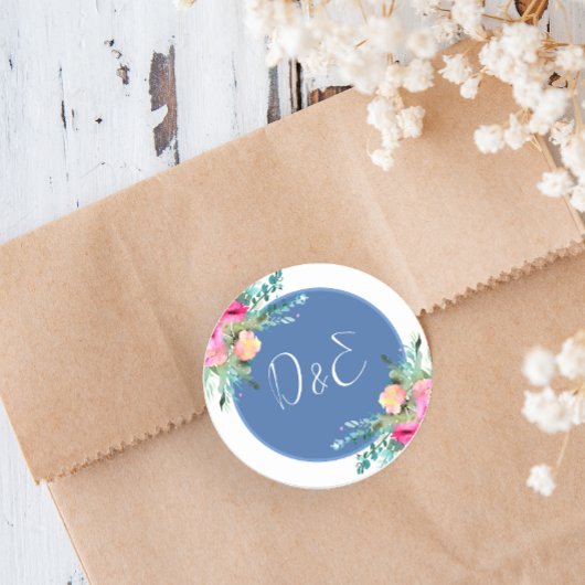 Blauw Bloemen Roze Rosebud Bruiloft Gepersonalisee Ronde Sticker