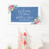 Blauw Bloemen Roze Rosebud Bruiloft Gepersonalisee Spandoek (Insitu)