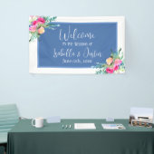 Blauw Bloemen Roze Rosebud Bruiloft Gepersonalisee Spandoek (Beurs)