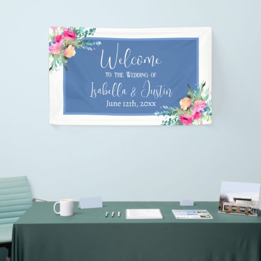 Blauw Bloemen Roze Rosebud Bruiloft Gepersonalisee Spandoek (Beurs)