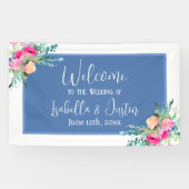 Blauw Bloemen Roze Rosebud Bruiloft Gepersonalisee Spandoek (Horizontaal)