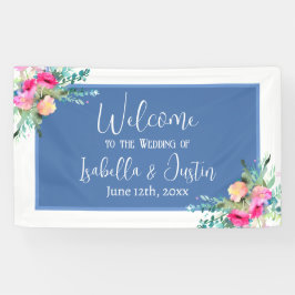 Blauw Bloemen Roze Rosebud Bruiloft Gepersonalisee Spandoek