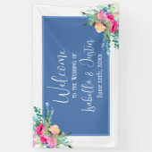 Blauw Bloemen Roze Rosebud Bruiloft Gepersonalisee Spandoek (Verticaal)