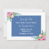 Blauw Bloemen Roze Rosebud Bruiloft Save the Date Kaart (Voorkant)