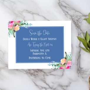 Blauw Bloemen Roze Rosebud Bruiloft Save the Date Kaart