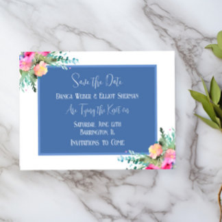 Blauw Bloemen Roze Rosebud Bruiloft Save the Date Kaart