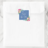 Blauw Bloemen Roze Rosebud Bruiloft Save the Date Vierkante Sticker (Tas)