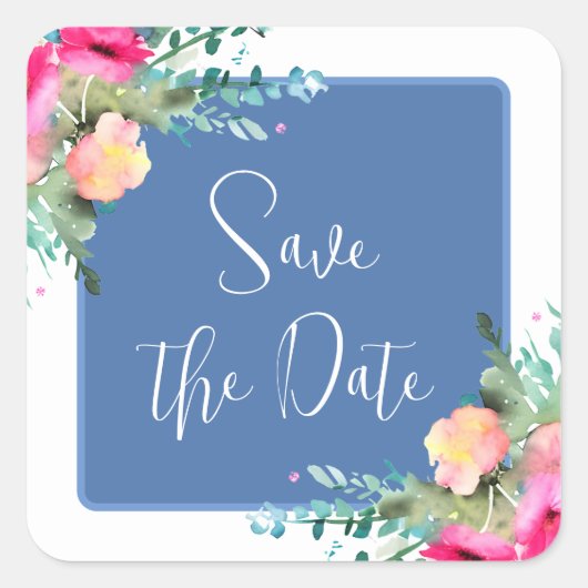 Blauw Bloemen Roze Rosebud Bruiloft Save the Date Vierkante Sticker (Voorkant)