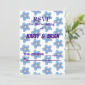 Blauw Bloemen RSVP Fotokaart, Script Kaart (Staand voorkant)
