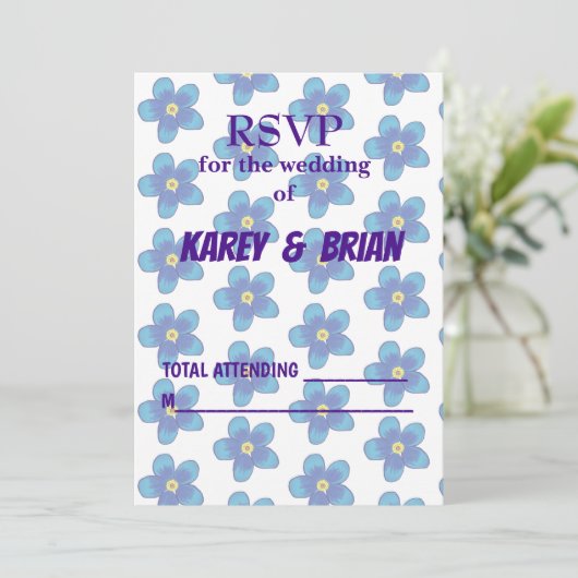 Blauw Bloemen RSVP Fotokaart, Script Kaart (Staand voorkant)