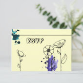 Blauw bloemen RSVP kaartje (Staand voorkant)
