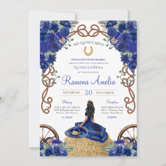 Blauw Bloemen Rustieke Charro Western Quinceañera Kaart (Voorkant)
