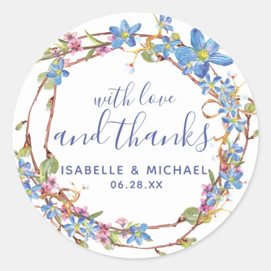 Blauw Bloemen Rustieke Grapevine Bruiloft Dank u Ronde Sticker (Voorkant)