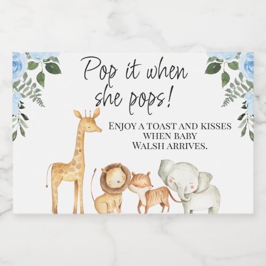 Blauw Bloemen Safari Baby shower Pop Het Sprankele Sparkling Wijnetiket (Enkel label)