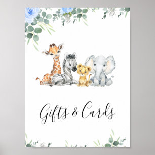 Blauw Bloemen Safari Baby shower Tafel Top Sign Poster
