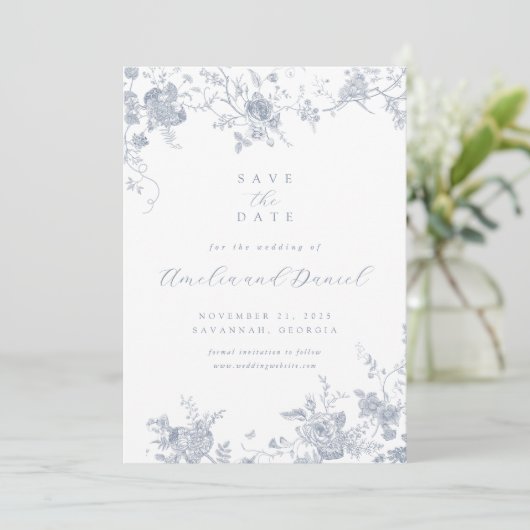 Blauw  Bloemen Save the Date Kaart (Staand voorkant)