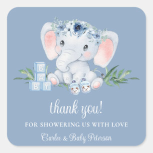 Blauw Bloemen Schattige Olifant Boy Baby shower St Vierkante Sticker