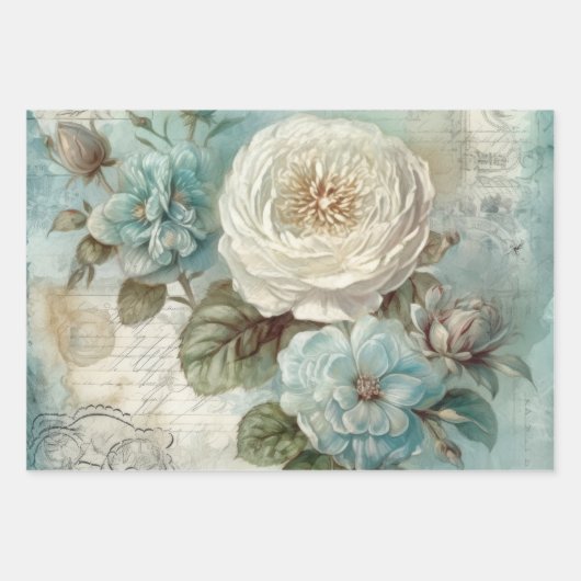  Blauw Bloemen Shabby Chic Inpakpapier Vel (Voorkant 3)