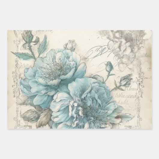  Blauw Bloemen Shabby Chic Inpakpapier Vel (Voorkant)