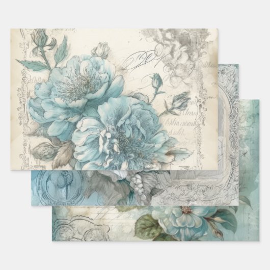  Blauw Bloemen Shabby Chic Inpakpapier Vel (Set)