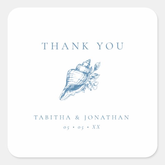  Blauw Bloemen Shell bruiloft Dank u Vierkante Sticker (Voorkant)
