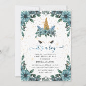 Blauw Bloemen Sleepy Unicorn Virtual baby shower Kaart (Voorkant)