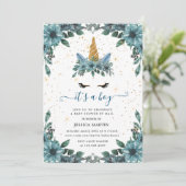 Blauw Bloemen Sleepy Unicorn Virtual baby shower Kaart (Staand voorkant)