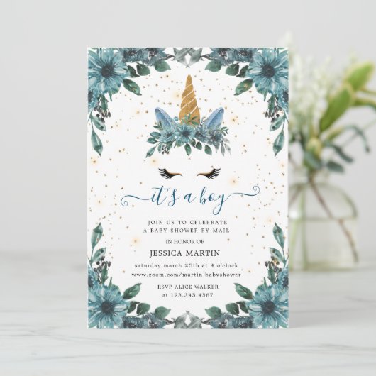 Blauw Bloemen Sleepy Unicorn Virtual baby shower Kaart (Staand voorkant)