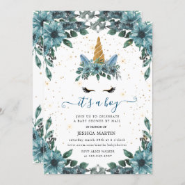 Blauw Bloemen Sleepy Unicorn Virtual baby shower Kaart