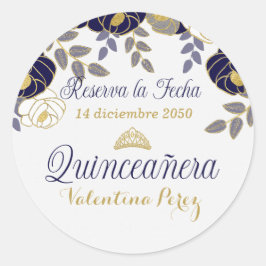 Blauw Bloemen Spaans Quinceanera Reserva la Fecha Ronde Sticker