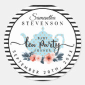 Blauw Bloemen Tea Party Theepot Streep Baby shower Ronde Sticker (Voorkant)
