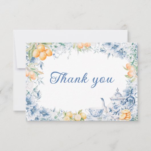 Blauw Bloemen Theepot Bruiloft Dank u Kaart (Voorkant)