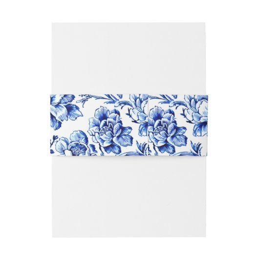 Blauw Bloemen Toile Bruiloft Uitnodigingen Wikkel (Achterkant Voorbeeld)