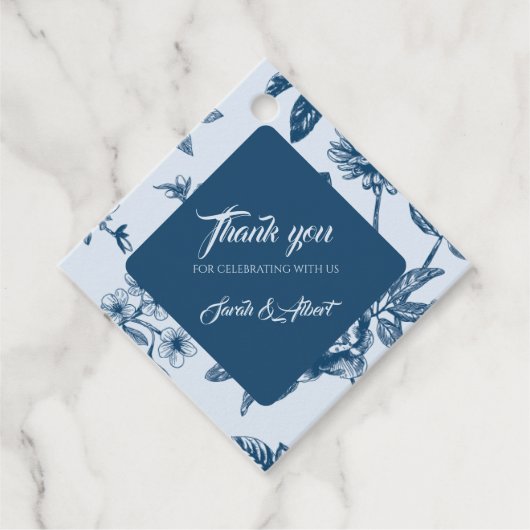 Blauw Bloemen Toile Dank u Bedankjes Labels (Voorkant)
