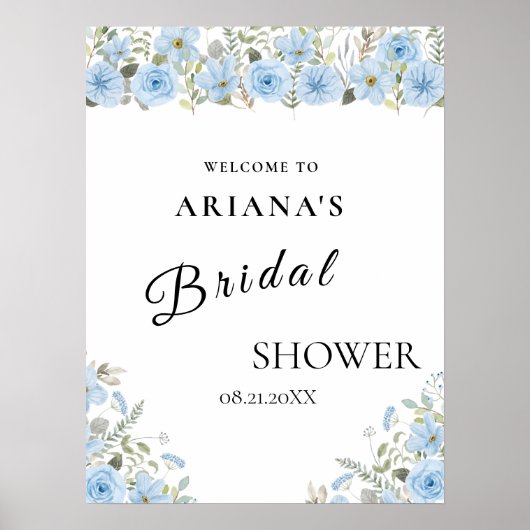 Blauw Bloemen Trouwbord Poster (Voorkant)