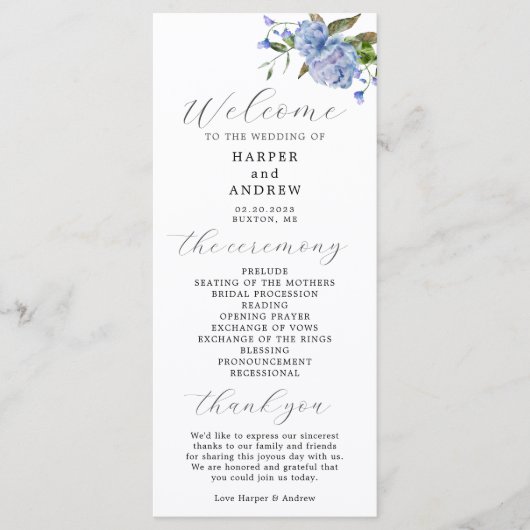 Blauw Bloemen Trouwceremonie Programma Programmakaart (Voorkant)