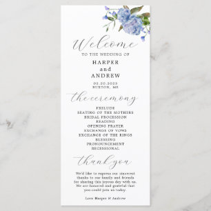 Blauw Bloemen Trouwceremonie Programma Programmakaart