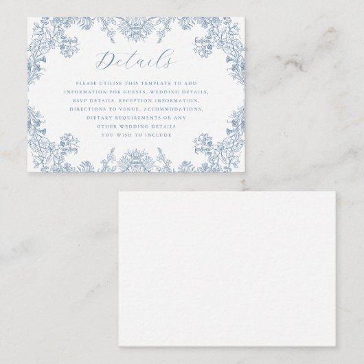 Blauw  Bloemen Trouwdetails Informatiekaartje (Voorkant / Achterkant)