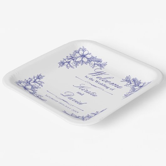 Blauw  Bloemen Trouwpapier Borden Papieren Bordje (Gebogen)