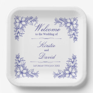 Blauw  Bloemen Trouwpapier Borden Papieren Bordje