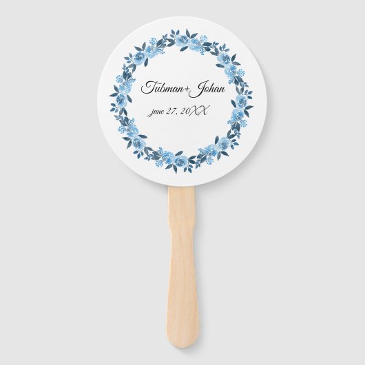 Blauw Bloemen Trouwprogramma Hand Fan Handwaaier (Voorkant)