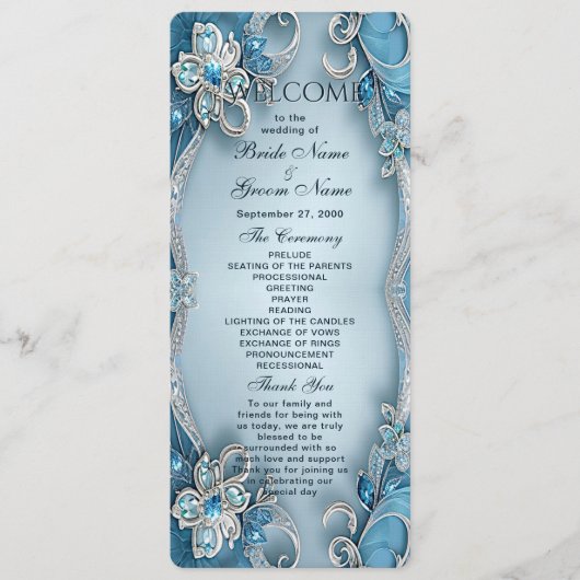 Blauw  Bloemen Trouwprogramma Programmakaart (Voorkant)