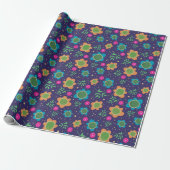 Blauw Bloemen Uniek Leuk Kleurrijk Patroon Cadeaupapier (Uitgerold)