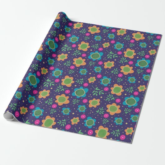 Blauw Bloemen Uniek Leuk Kleurrijk Patroon Cadeaupapier (Uitgerold)