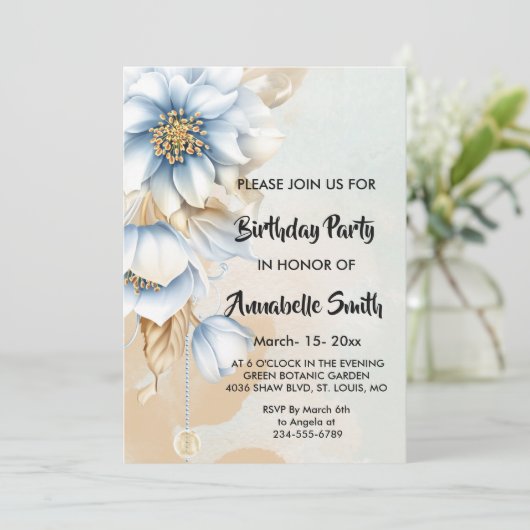  Blauw Bloemen Verjaardag Kaart (Staand voorkant)