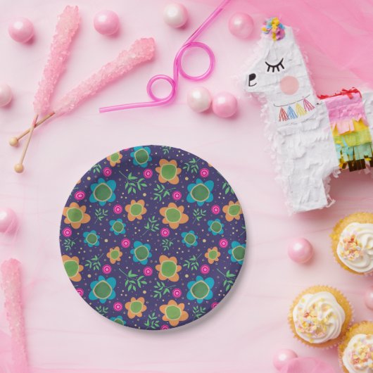 Blauw Bloemen Verjaardag Leuk Kleurrijk Patroon Papieren Bordje (Feest)