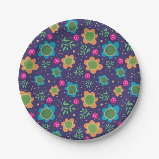 Blauw Bloemen Verjaardag Leuk Kleurrijk Patroon Papieren Bordje (Voorkant)