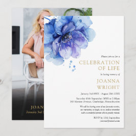 Blauw Bloemen Viering van het Leven Uitvaart Foto Kaart