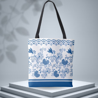 Blauw Bloemen & Vogelpatroon – Natuur-geïnspireerd Tote Bag